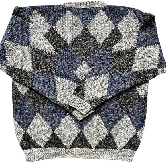 VTG HENRY GRETHEL Sweater Argyle Gray Blue XL Y2K 90s Handframe Knit Abstract - Picture 4 of 12